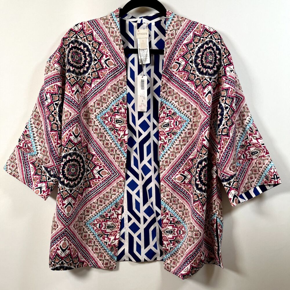 Chico's Women’s Kimono Sz 1 US 8 M Open-Front Jacket Art To Wear Silky Bold NWT